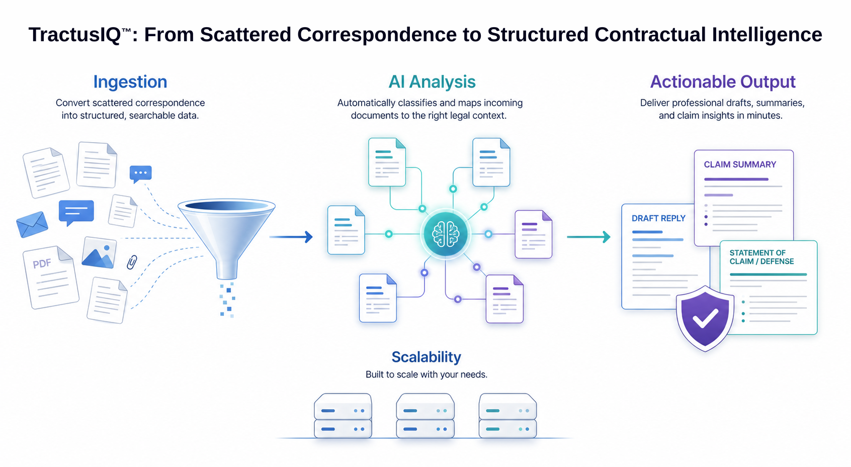 TractusIQ workflow: Phase 1 ingestion and intelligence, Phase 2 analysis and clause mapping, Phase 3 actionable drafts and claims, across Starter, Professional and Enterprise plans